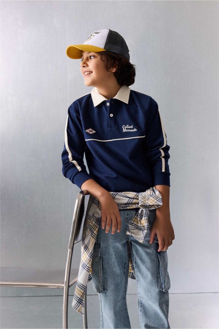 BOYS & TEENS NAVY Oversize Fit Printed Long Sleeve Polo T-Shirt