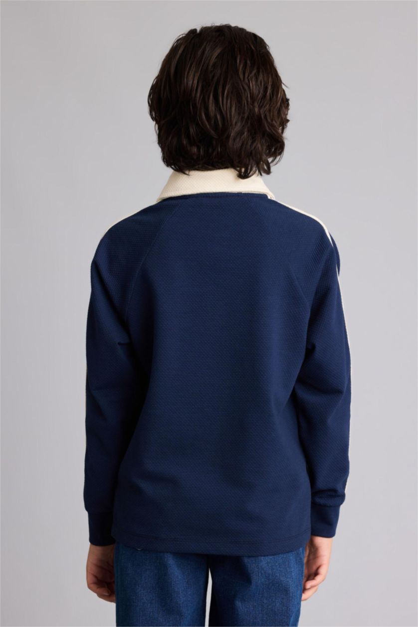 BOYS & TEENS NAVY Oversize Fit Printed Long Sleeve Polo T-Shirt