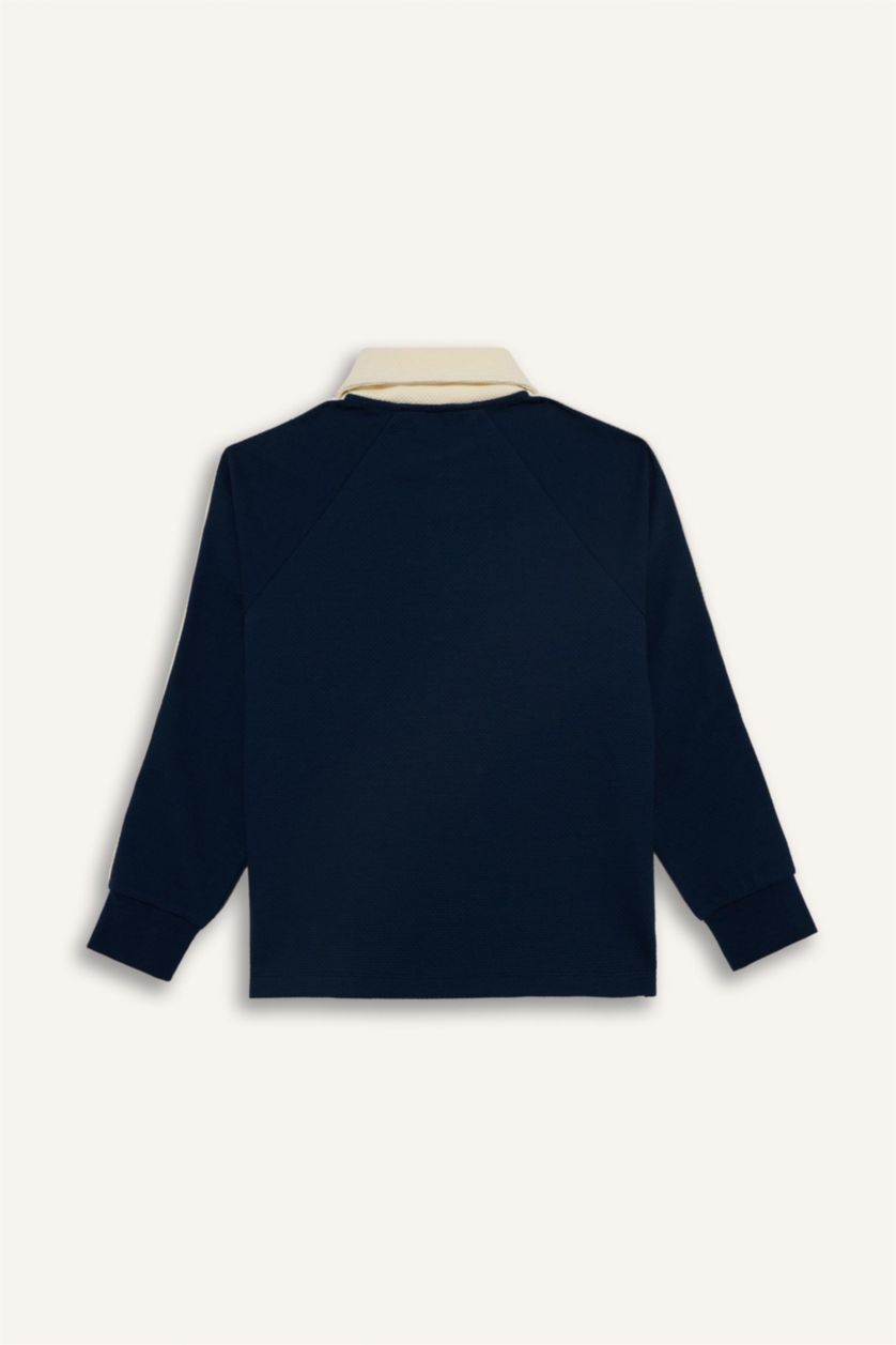 BOYS & TEENS NAVY Oversize Fit Printed Long Sleeve Polo T-Shirt