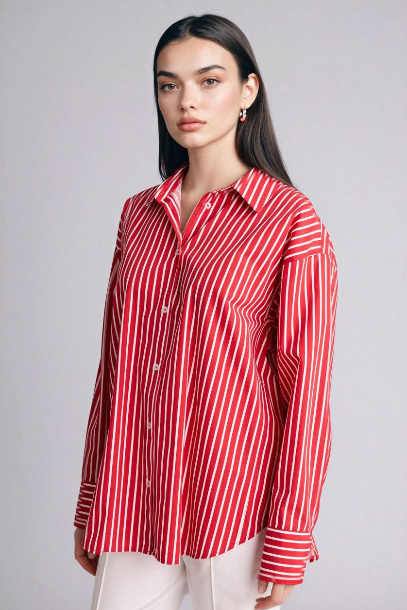 Woman Red Oversize Fit Striped Poplin Shirt