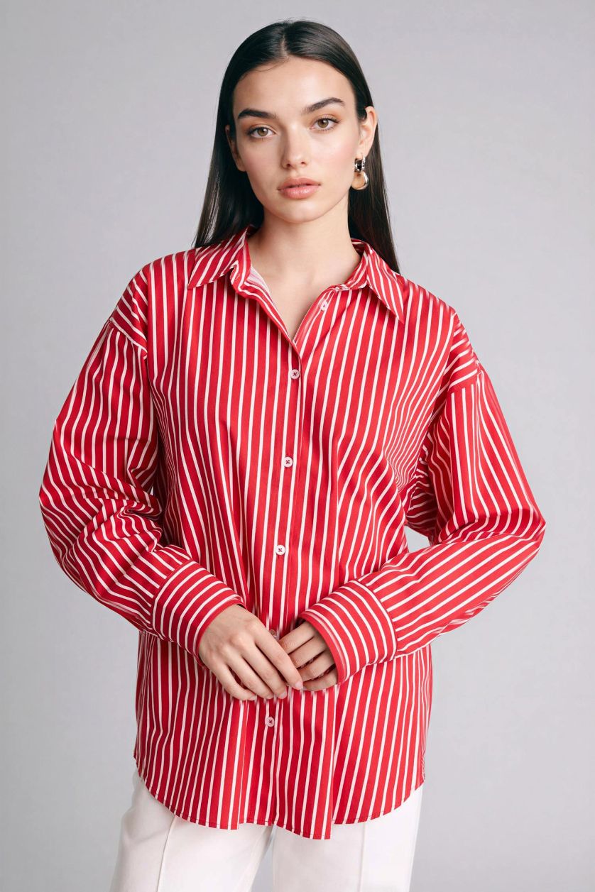 Woman Red Oversize Fit Striped Poplin Shirt