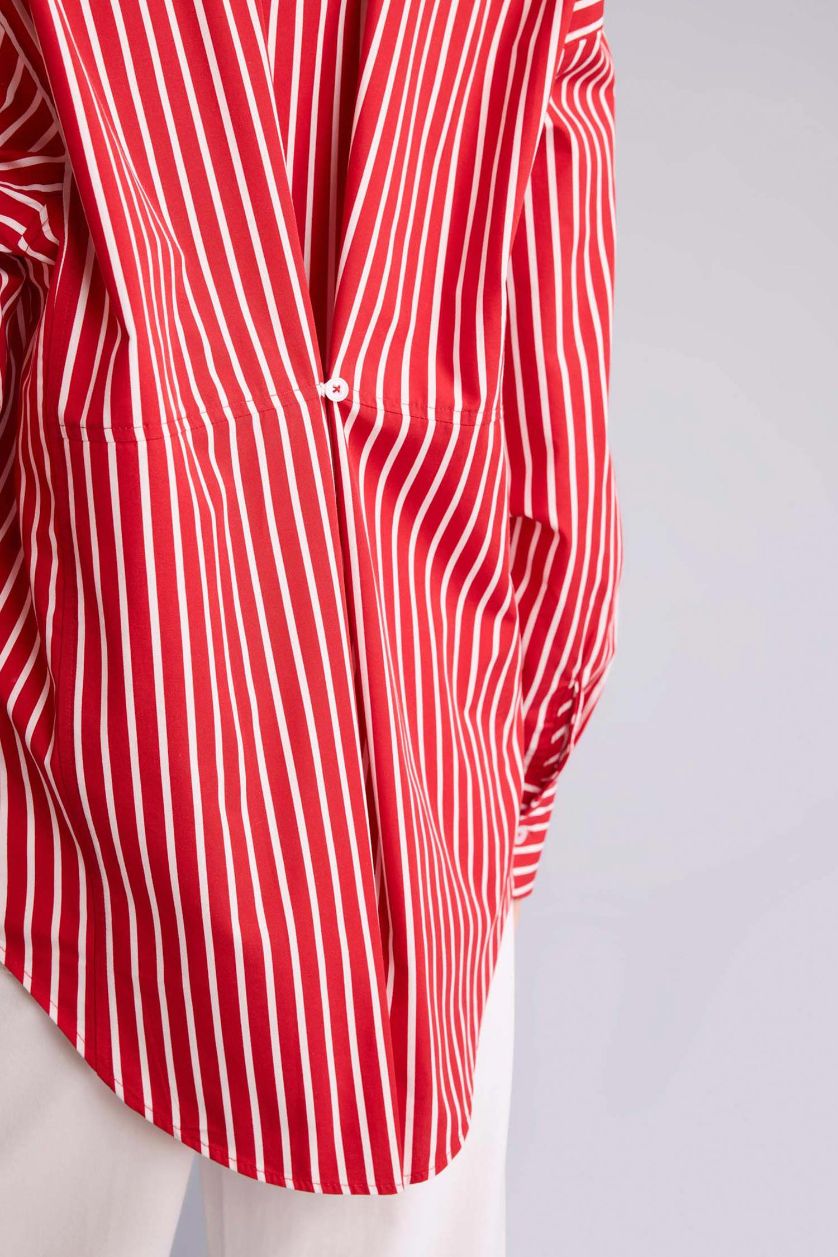Woman Red Oversize Fit Striped Poplin Shirt