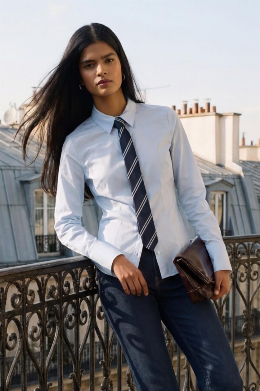 Woman Light Blue Slim Fit Shirt Collar Poplin Long Sleeve Shirt