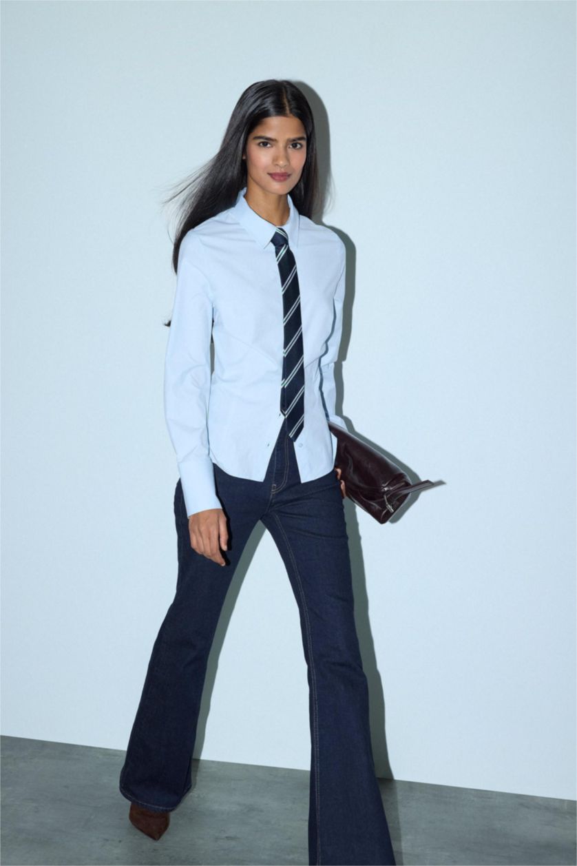 Woman Light Blue Slim Fit Shirt Collar Poplin Long Sleeve Shirt