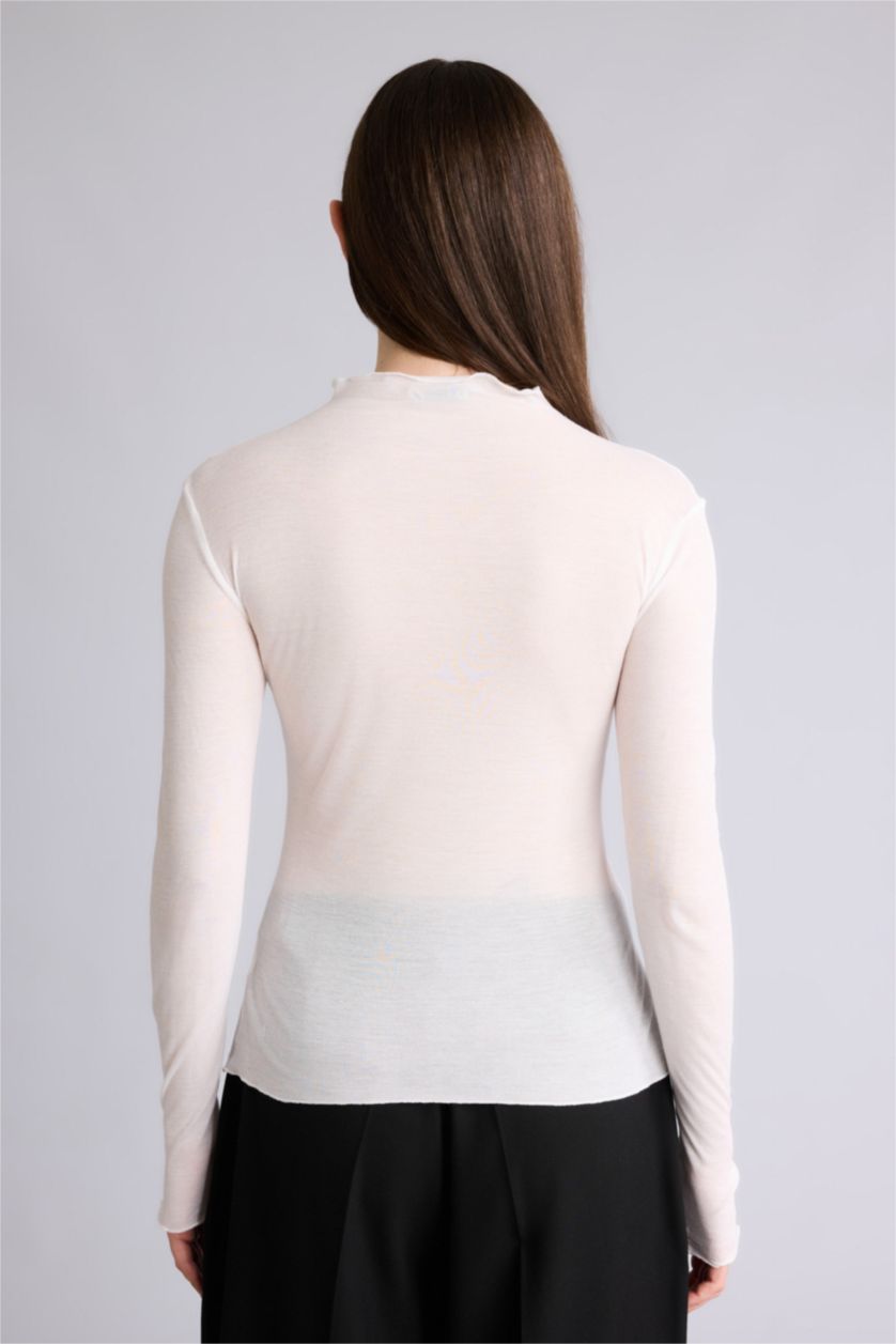 Женщины Бежевый Футболка Slim Fit в рубчик с воротником-стойкой и длинным рукавом