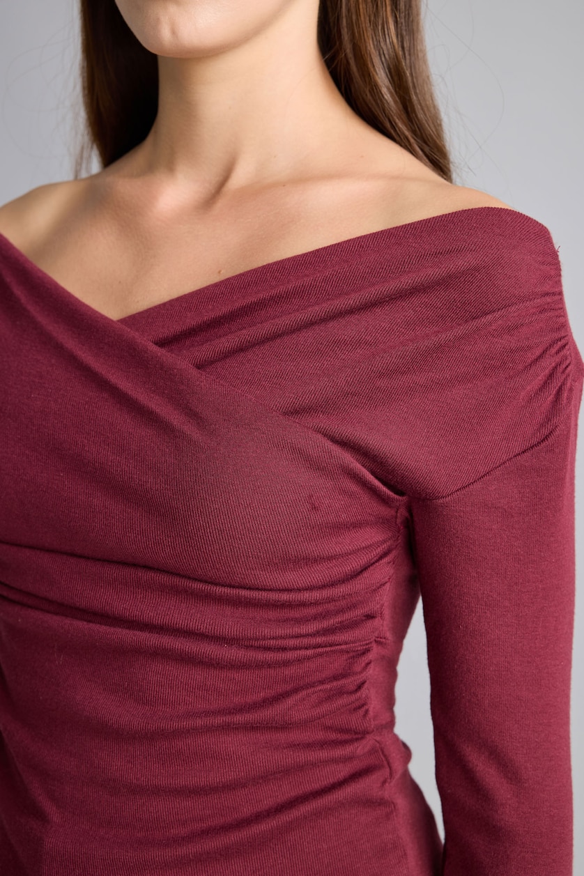 Kadın Bordo Slım Fıt Wrap Yaka Ribana Tişört