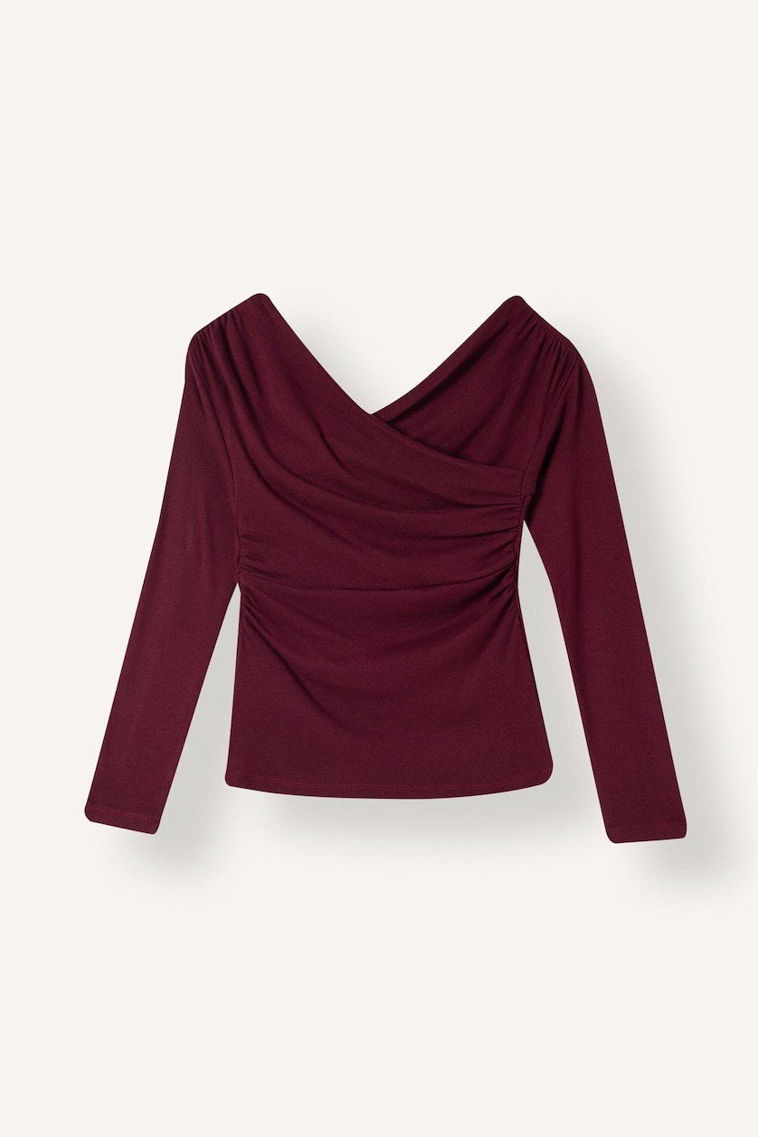 Kadın Bordo Slım Fıt Wrap Yaka Ribana Tişört