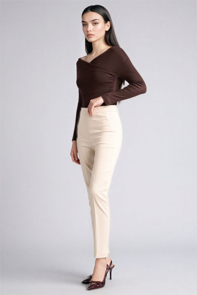 Woman Brown تيشيرت ردن طويل سليم فيت وياخة متقاطعة