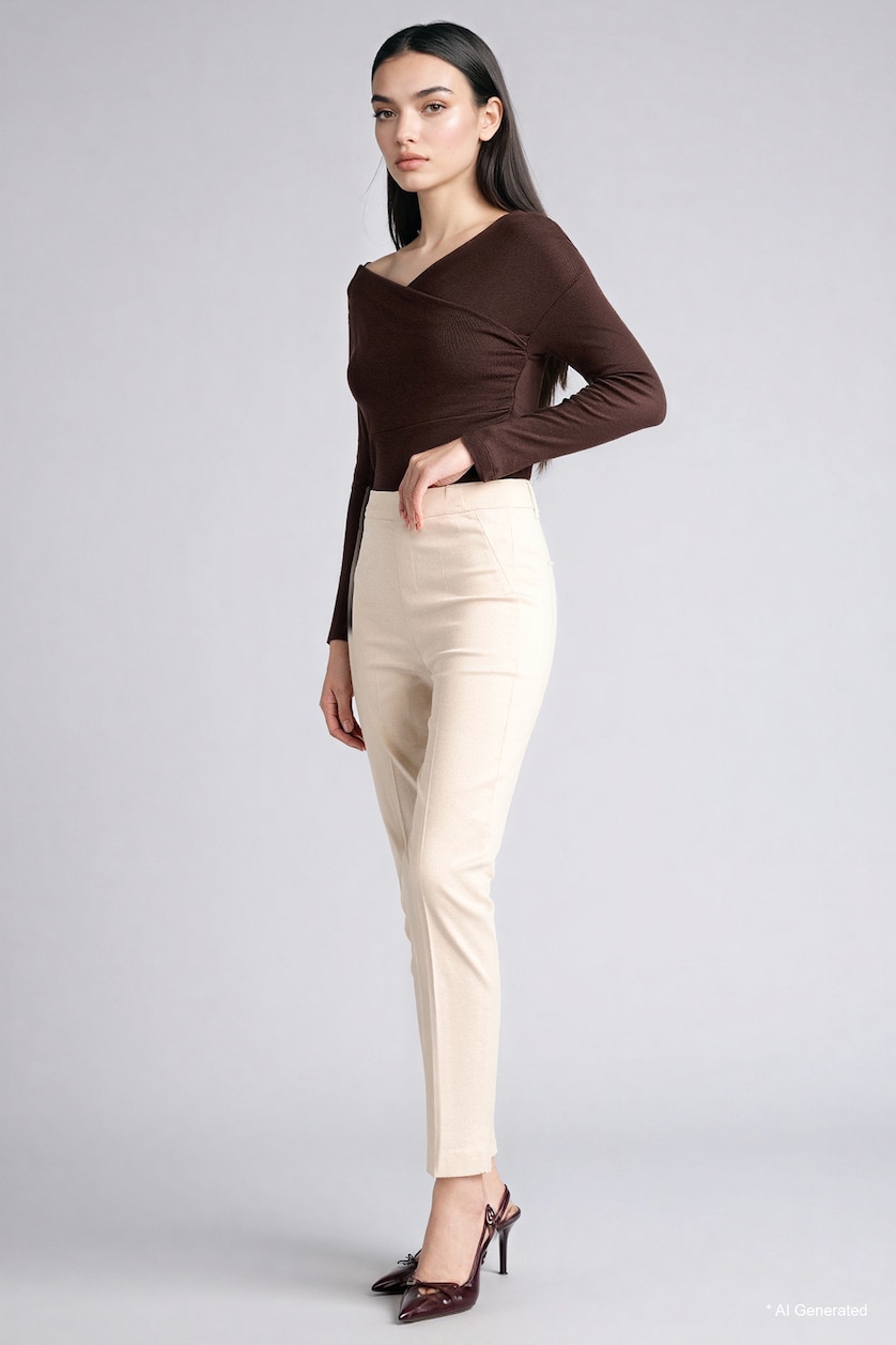 FEMME Marron T-shirt slim à manches longues et col cache-cœur