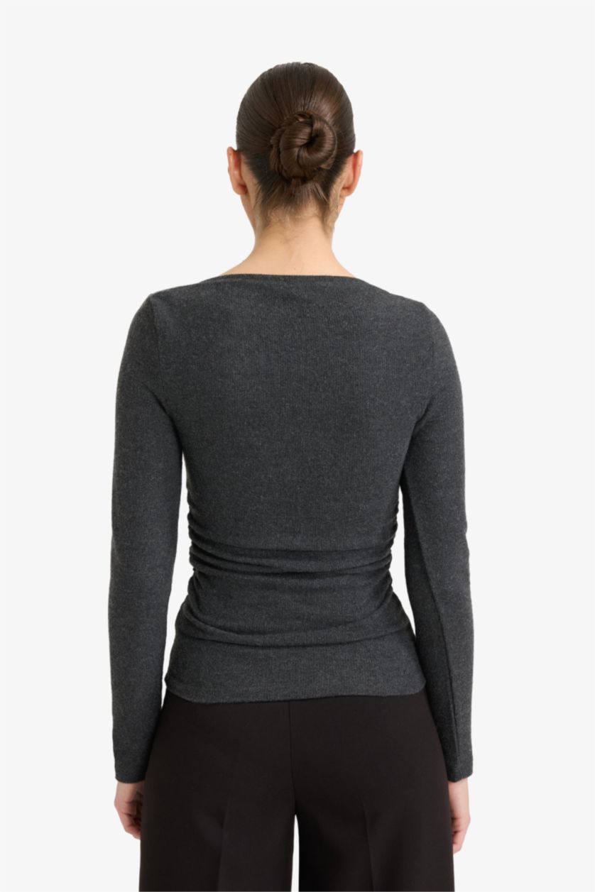 Kadın Antrasit Slım Fıt Uzun Kollu Tişört