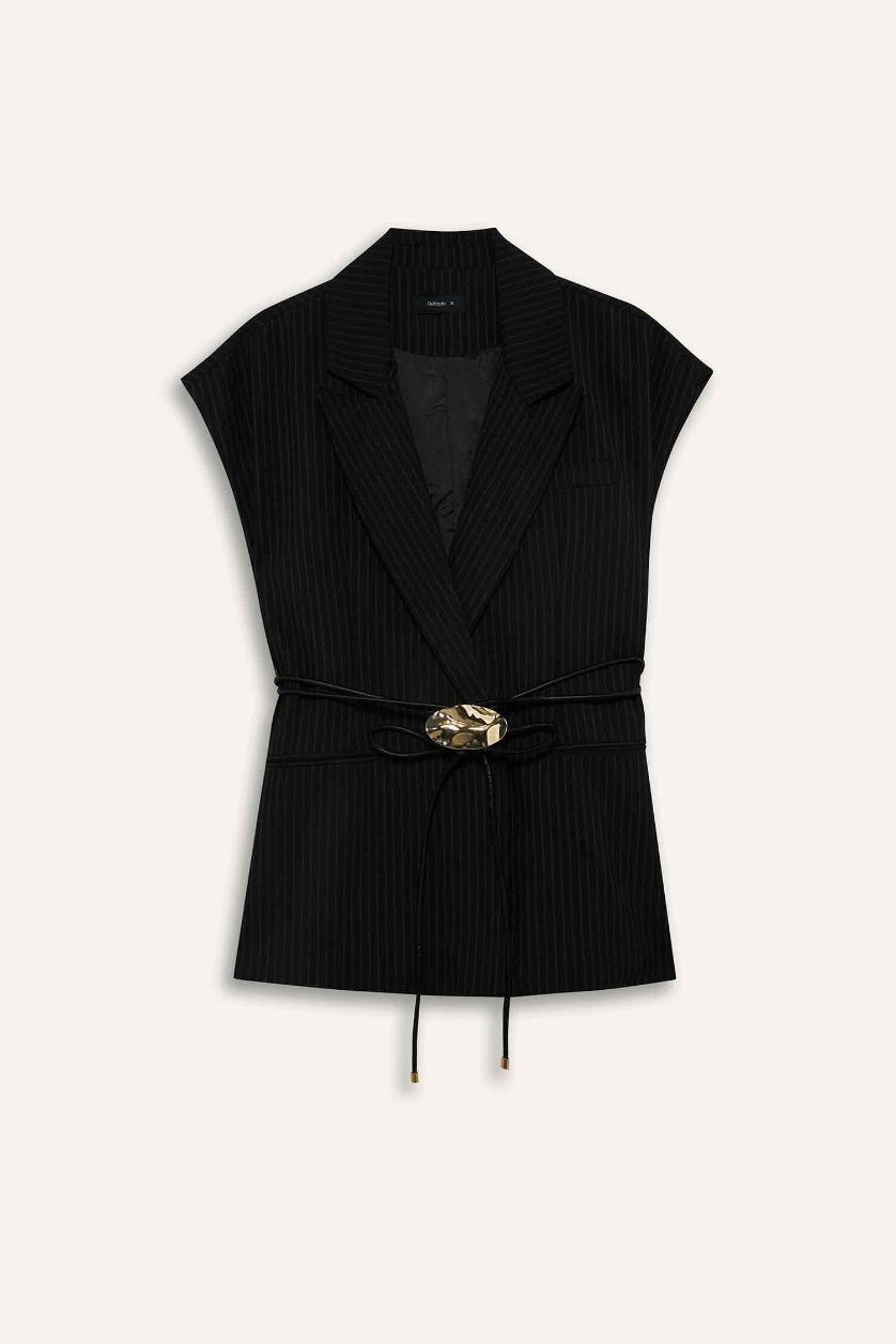 Woman Black Jacket Collar Vest