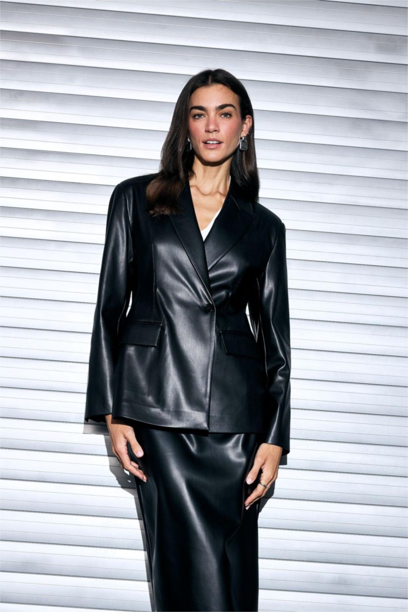 Woman Black Slim Fit Jacket Collar Faux Leather Blazer