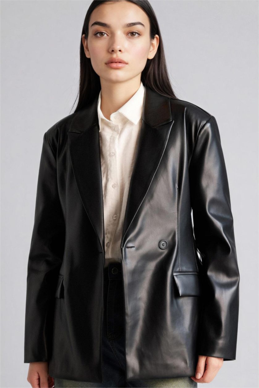 Woman Black Slim Fit Jacket Collar Faux Leather Blazer