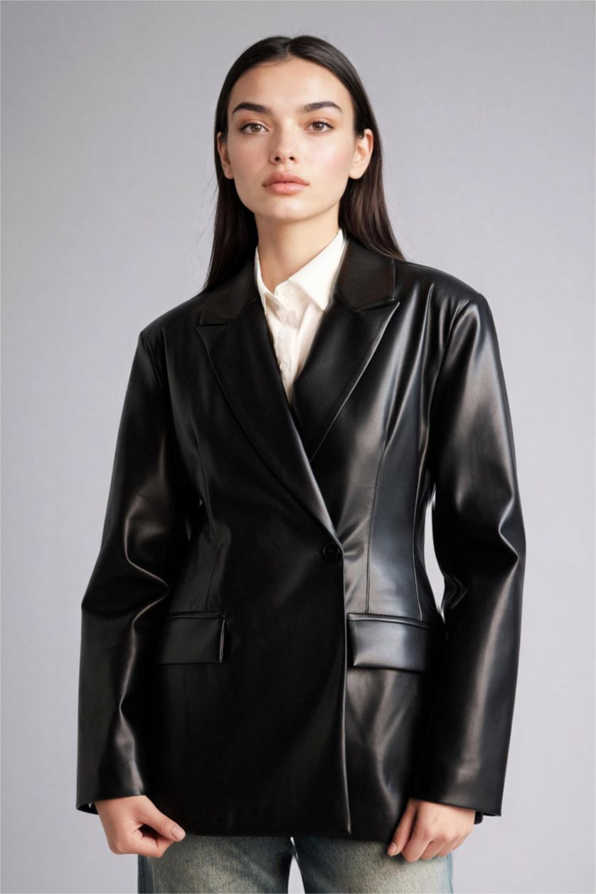 Woman Black Slim Fit Jacket Collar Faux Leather Blazer