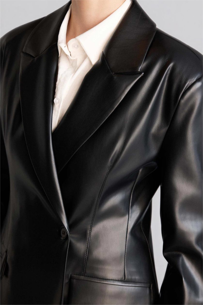 Woman Black Slim Fit Jacket Collar Faux Leather Blazer