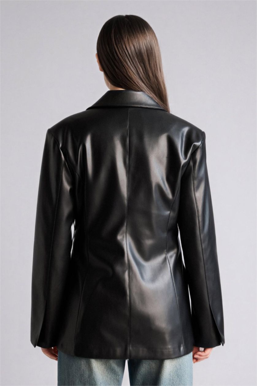 Woman Black Slim Fit Jacket Collar Faux Leather Blazer