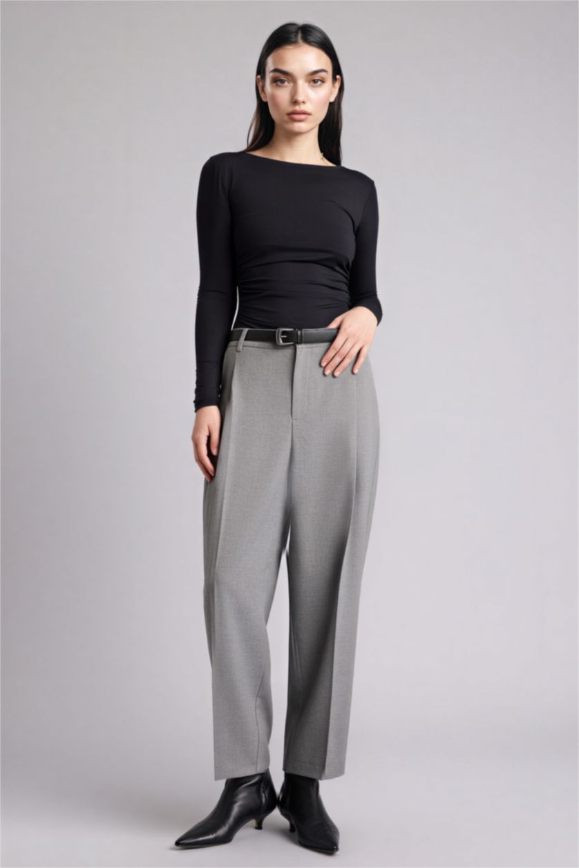 FEMME Gris Pantalon taille haute avec poches Coupe carotte