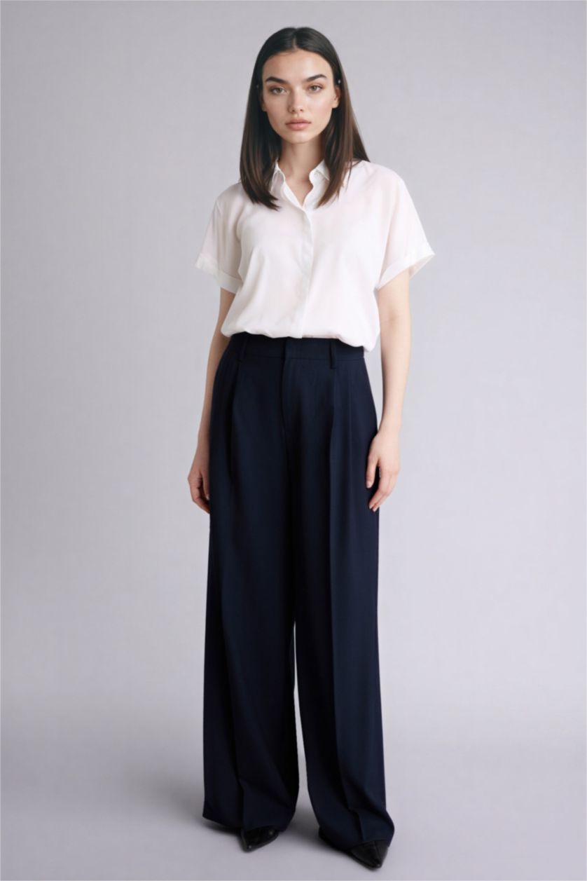 Kadın Lacivert Wıde Leg Yüksek Bel Geniş Paça Pantolon