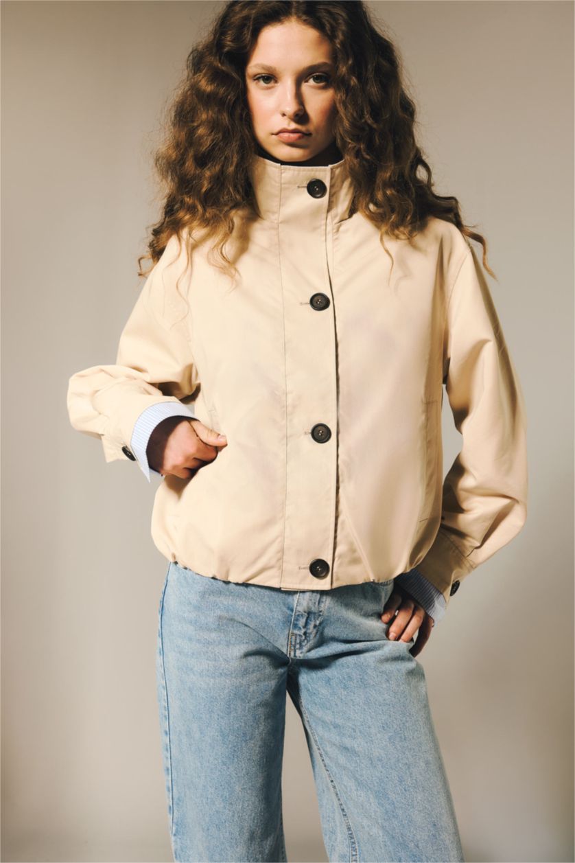 حريمي بيج فاتح Regular Fit Stand Collar Waterproof Jacket