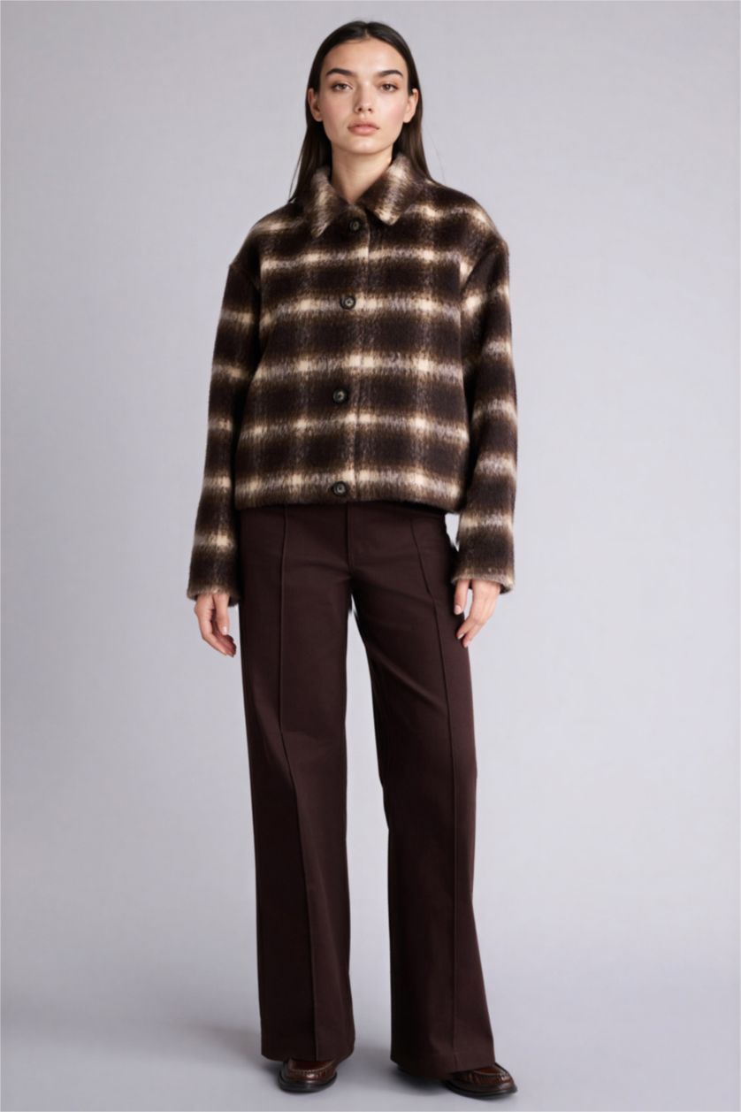 Kadın Kahve Regular Fıt Kareli Kaşe Kaban