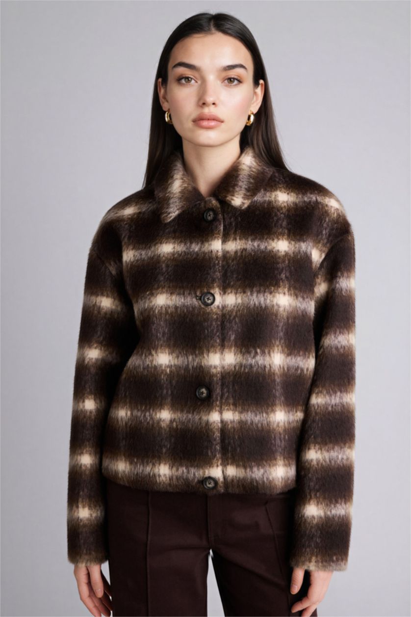 Kadın Kahve Regular Fıt Kareli Kaşe Kaban