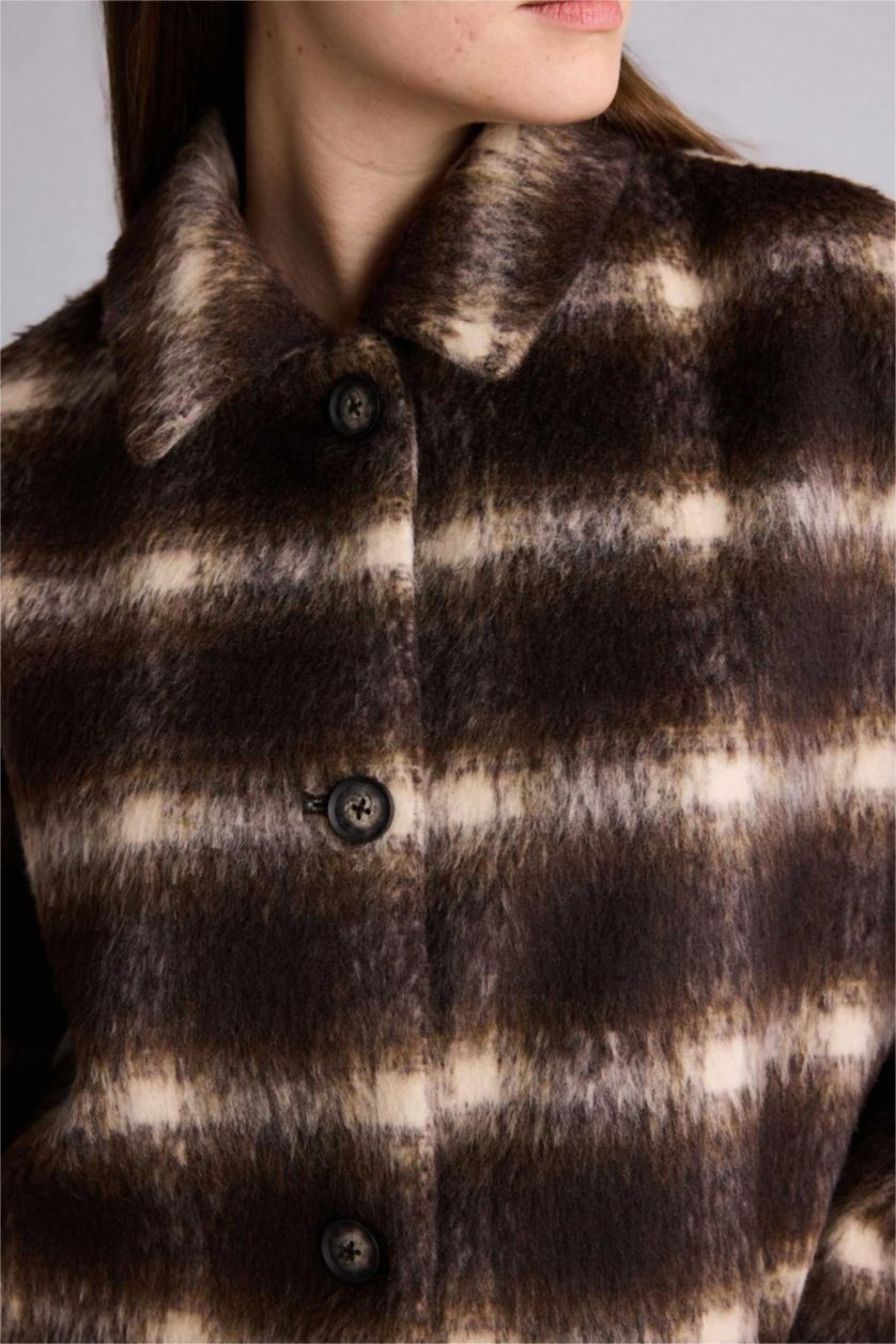 Kadın Kahve Regular Fıt Kareli Kaşe Kaban