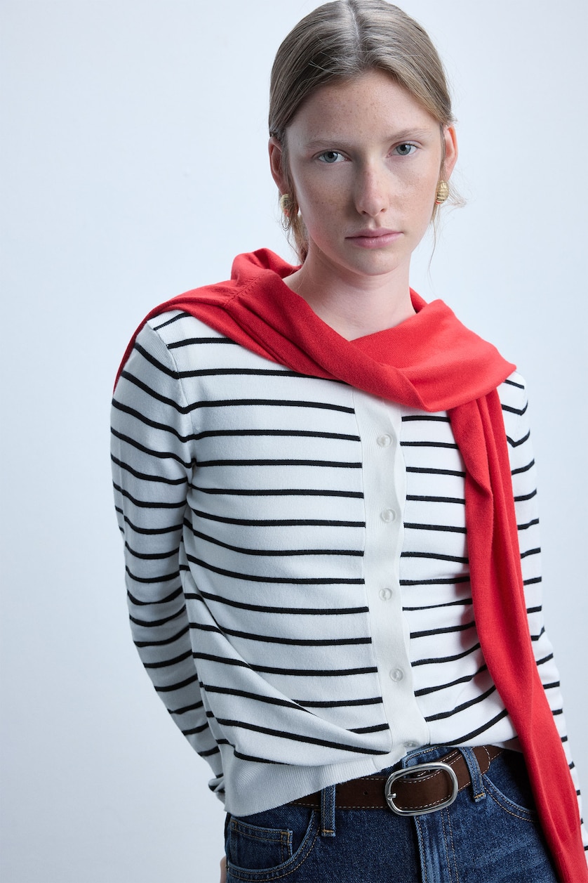 Women Ecru Regular Fit Ecru Striped Crew Neck Cardigan