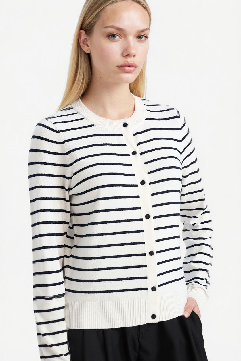 Woman Ecru Regular Fit Crew Neck Striped Cardigan