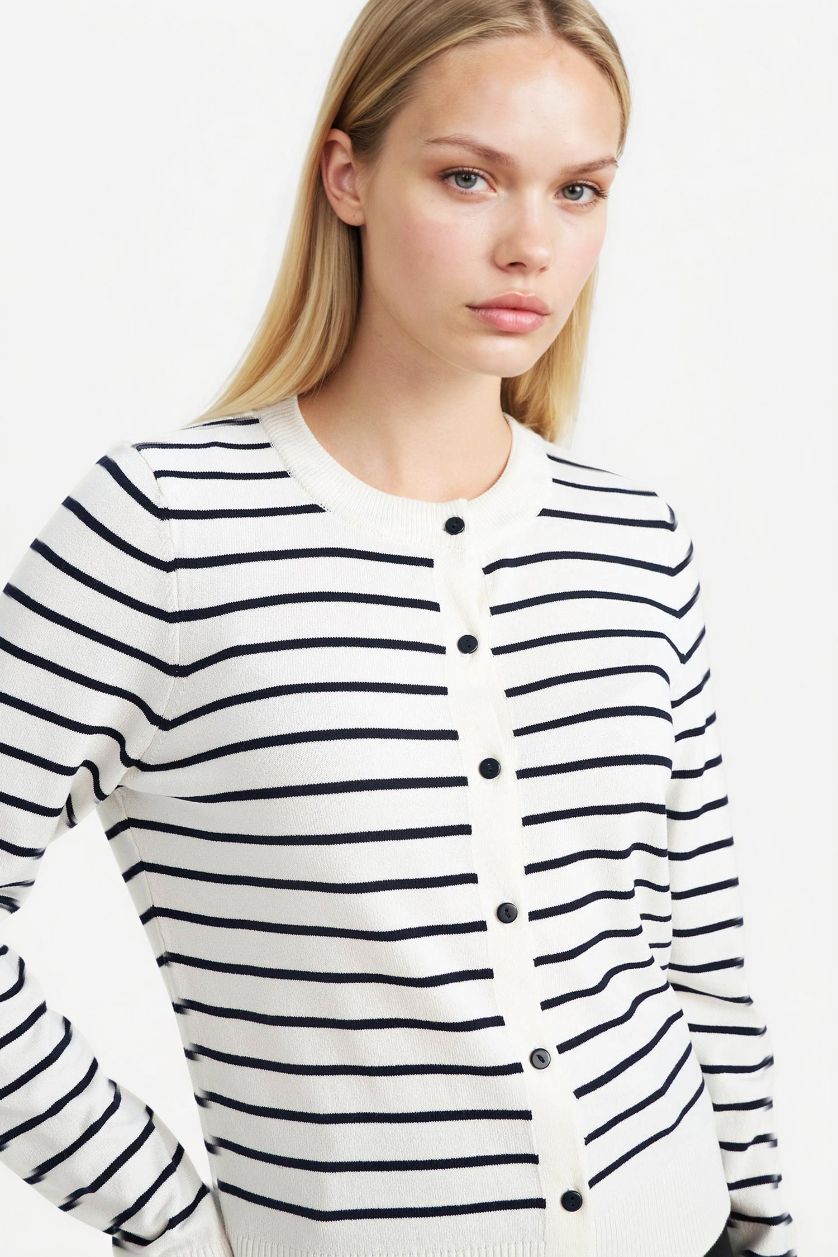 Woman Ecru Regular Fit Crew Neck Striped Cardigan