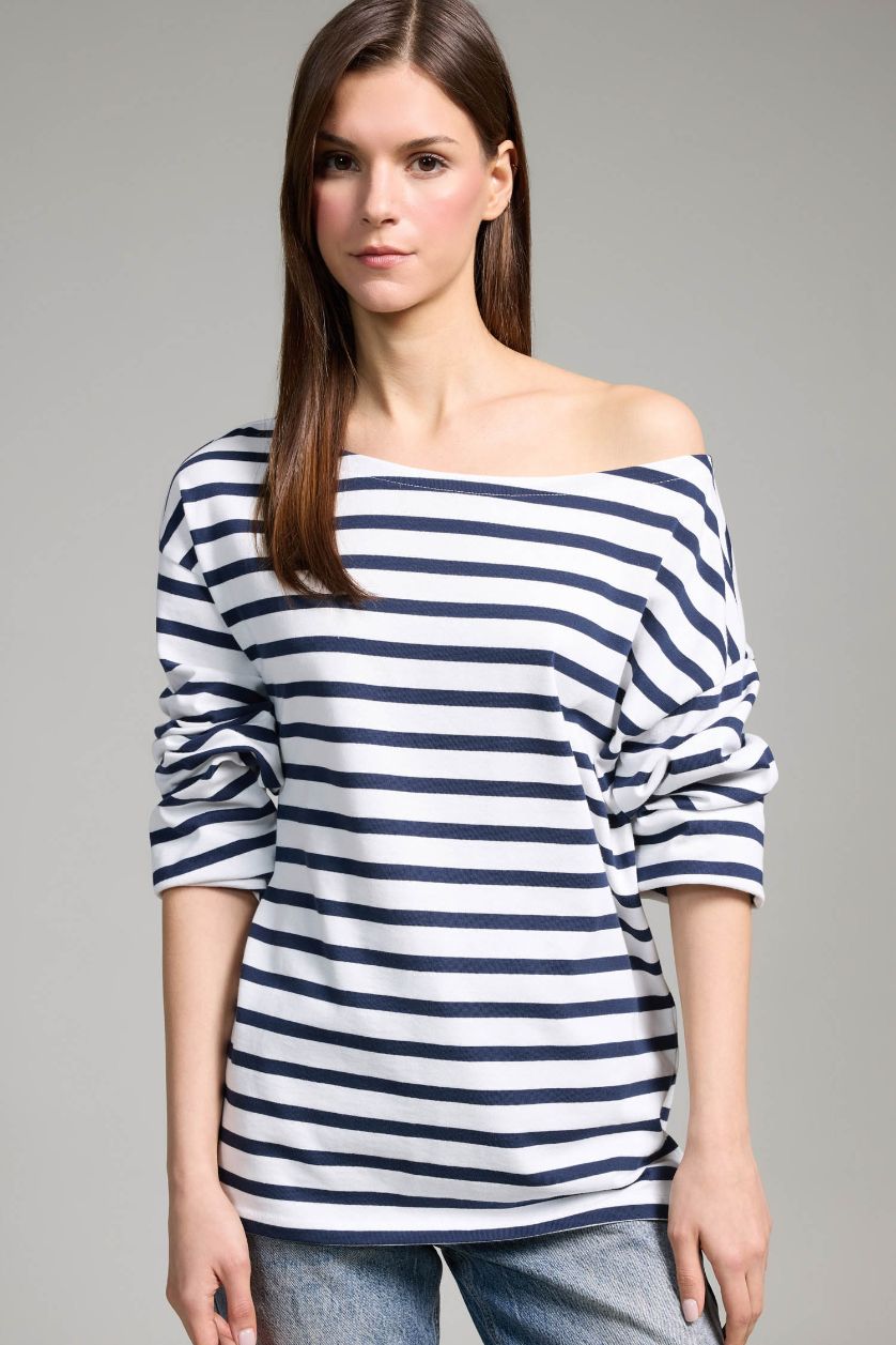 WOMAN NAVY Relax Fit Boat Neck Premium Long Sleeve T-shirt