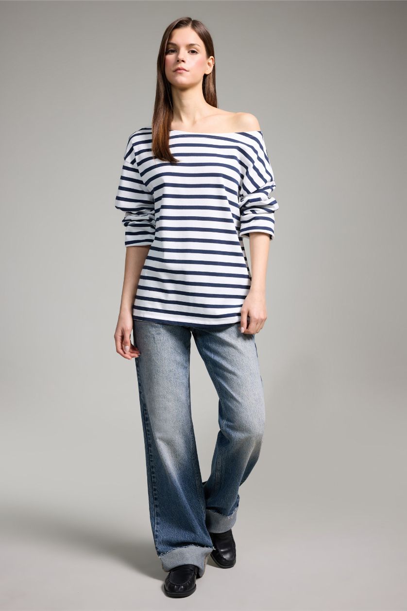 WOMAN NAVY Relax Fit Boat Neck Premium Long Sleeve T-shirt