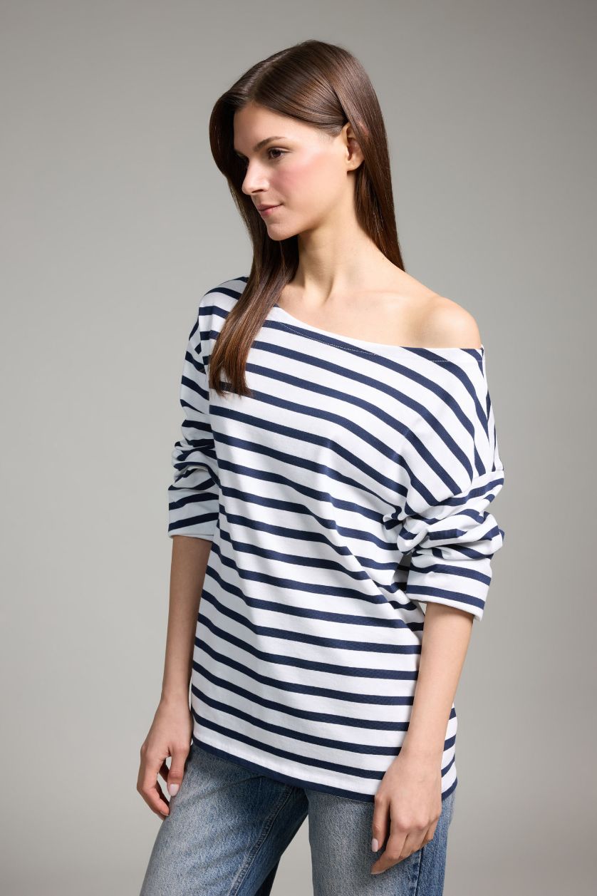 WOMAN NAVY Relax Fit Boat Neck Premium Long Sleeve T-shirt