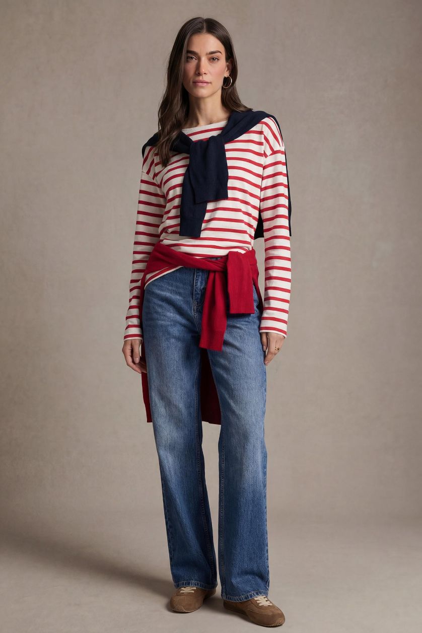 WOMAN Red Relax Fit Boat Neck Premium Long Sleeve T-shirt