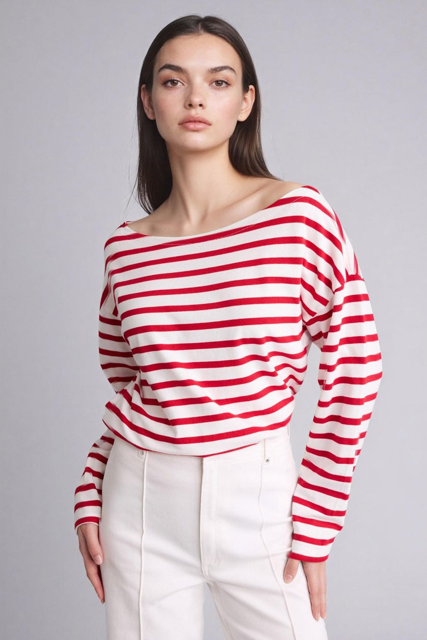 WOMAN Red Relax Fit Boat Neck Premium Long Sleeve T-shirt