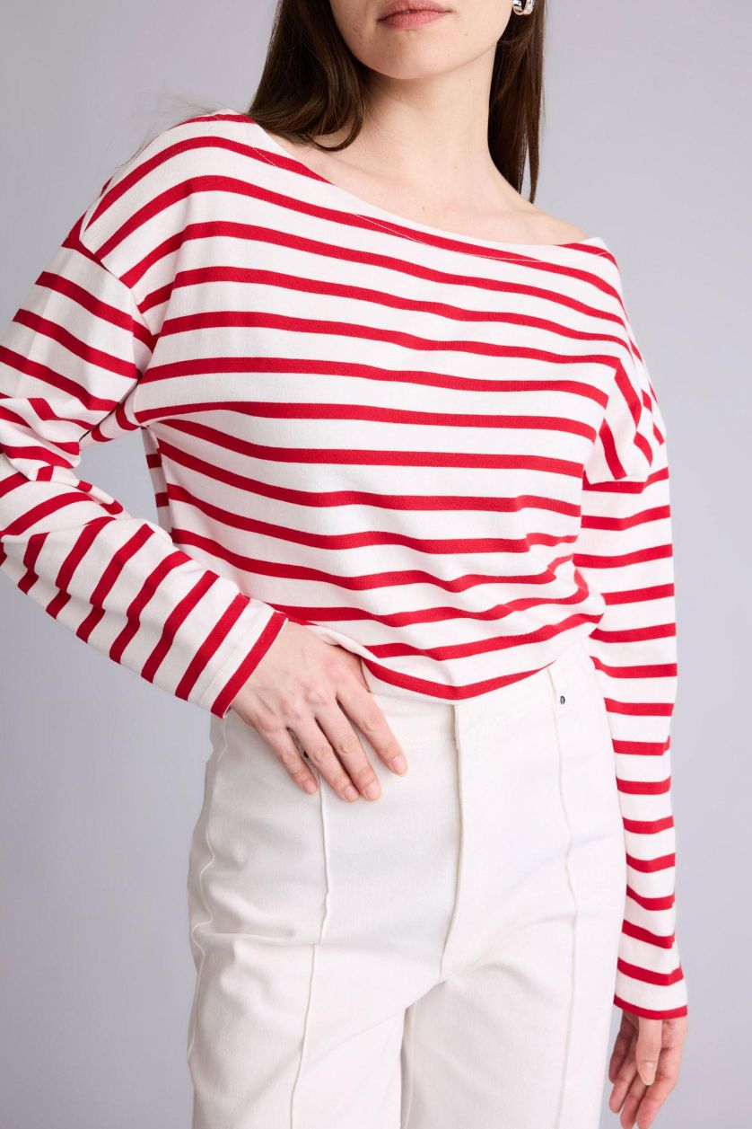 WOMAN Red Relax Fit Boat Neck Premium Long Sleeve T-shirt