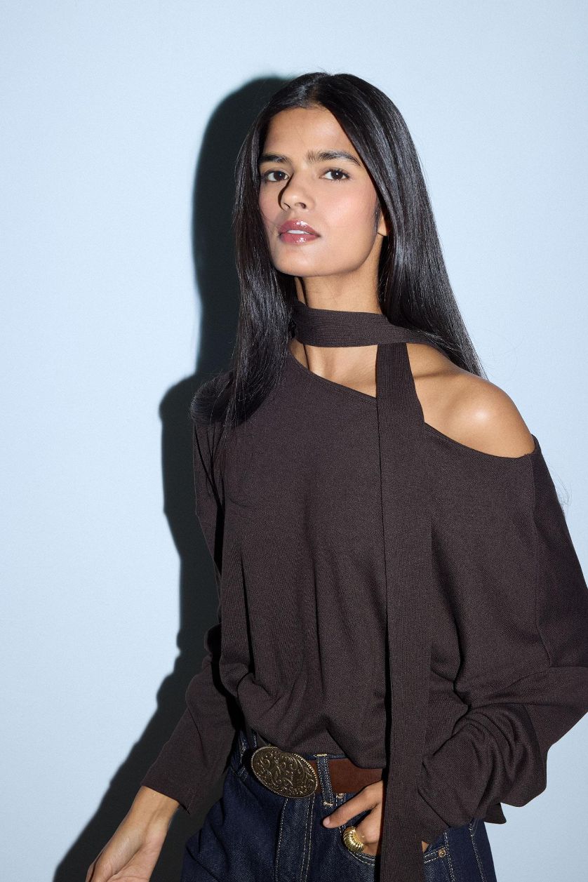 Әйелдерге Қоңыр Loose Fit қайық жағалы футболка