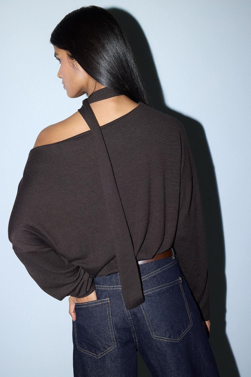 Әйелдерге Қоңыр Loose Fit қайық жағалы футболка