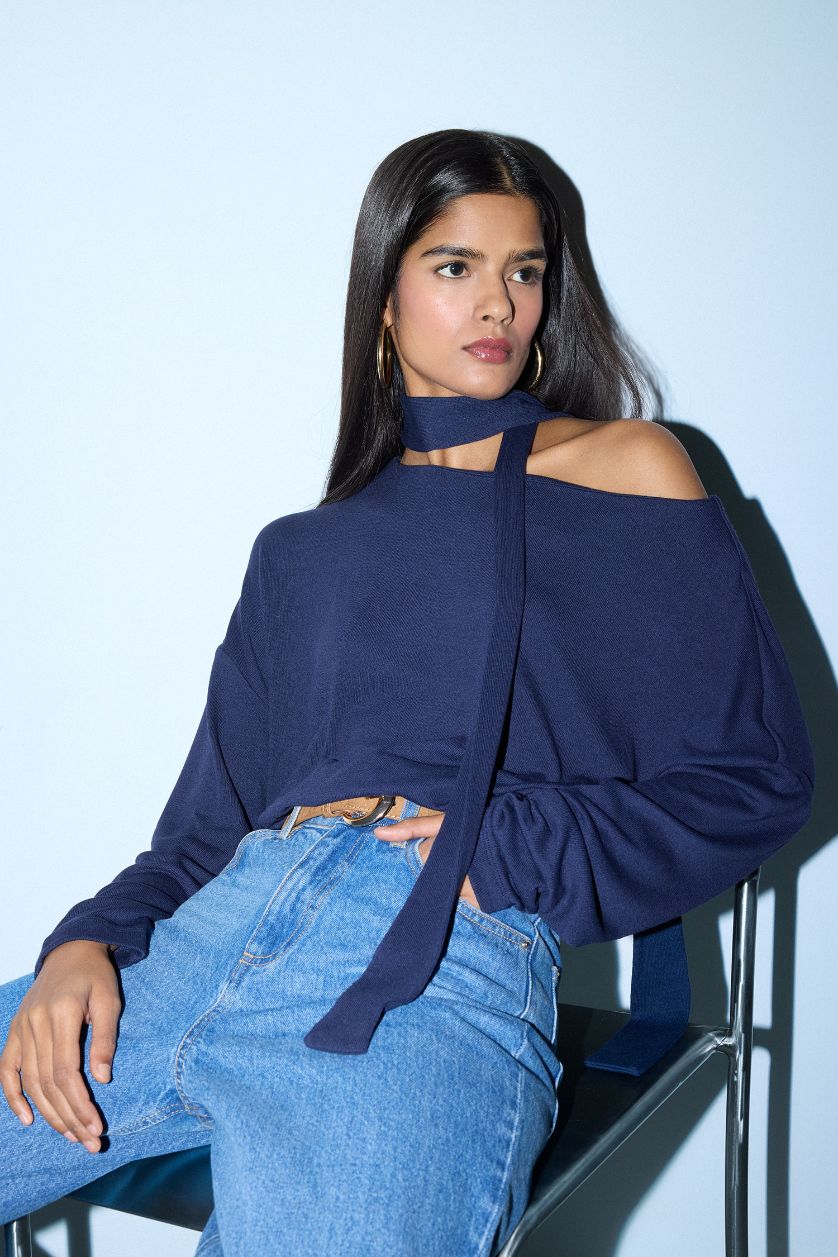 Kadın Lacivert Loose Fit Kayık Yaka Tişört