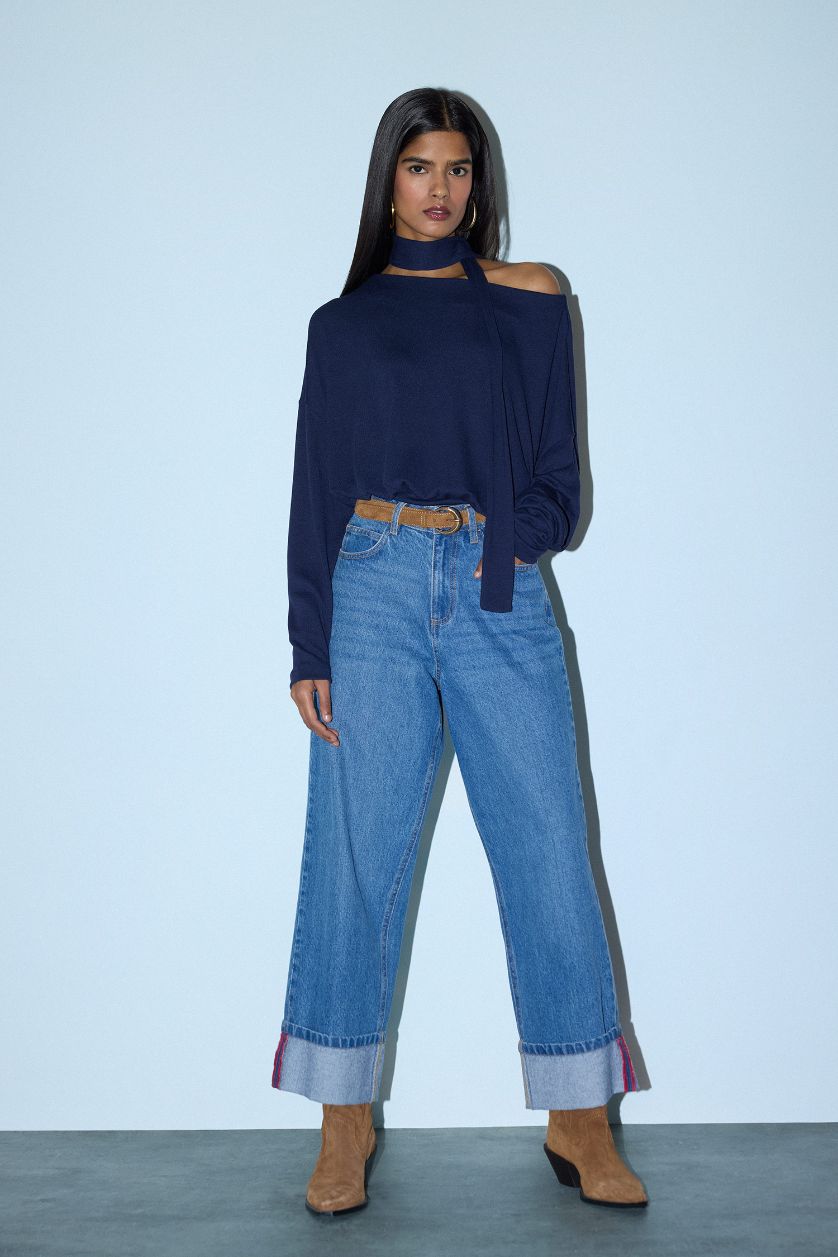 Kadın Lacivert Loose Fit Kayık Yaka Tişört