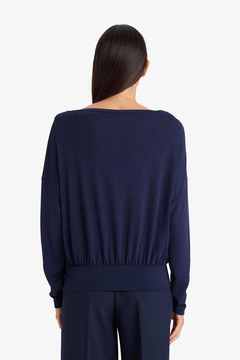 Kadın Lacivert Loose Fit Kayık Yaka Tişört