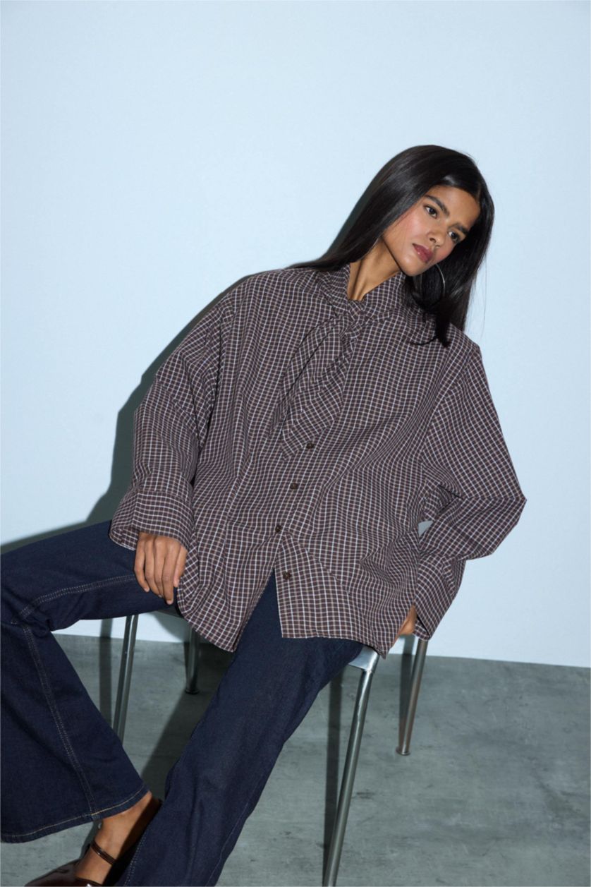 WOMAN Brown Oversize Fit Plaid Poplin Shirt