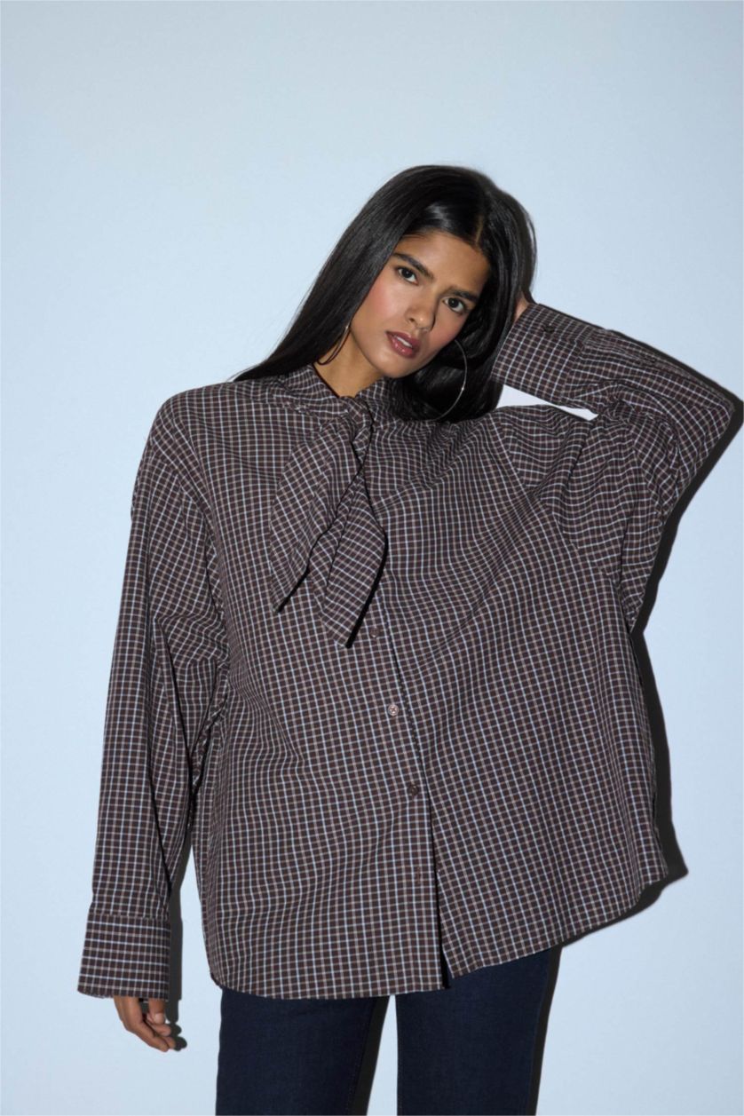WOMAN Brown Oversize Fit Plaid Poplin Shirt
