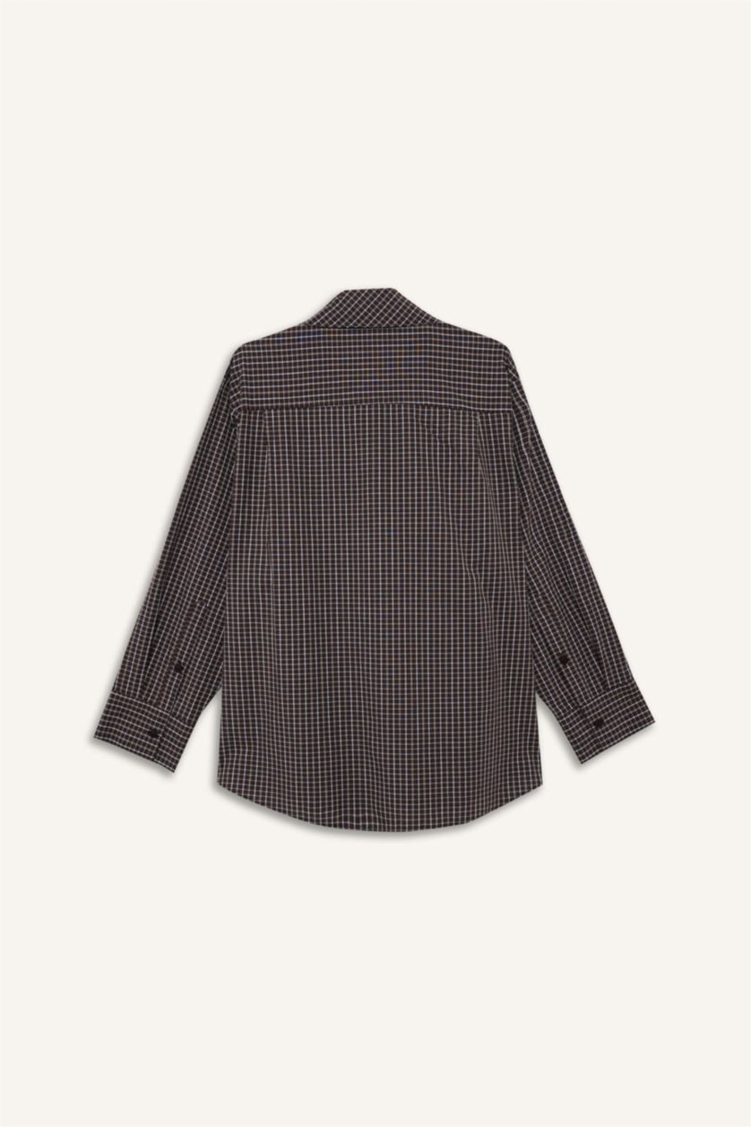 Kadın Kahve Oversize Kareli Poplin Gömlek