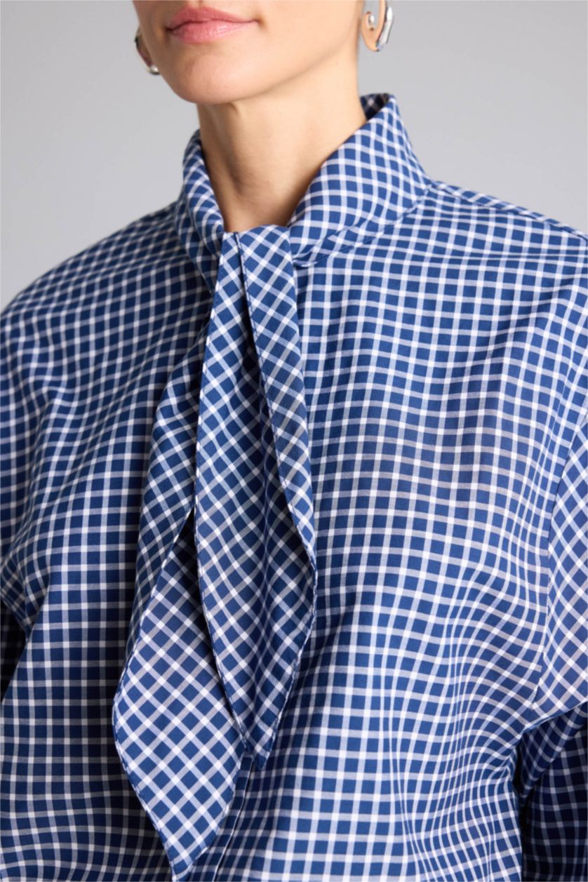 Kadın Lacivert Oversıze Fular Yaka Kareli Poplin Gömlek