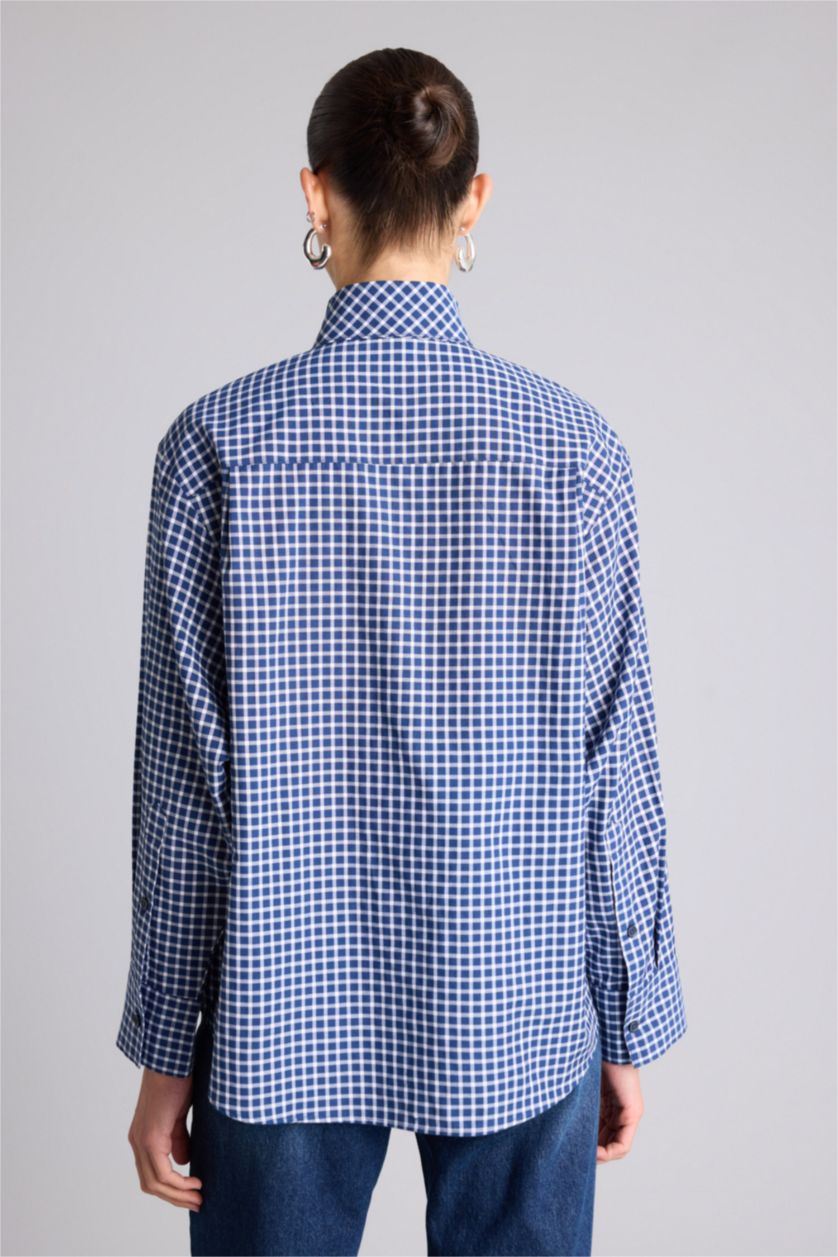 Kadın Lacivert Oversıze Fular Yaka Kareli Poplin Gömlek