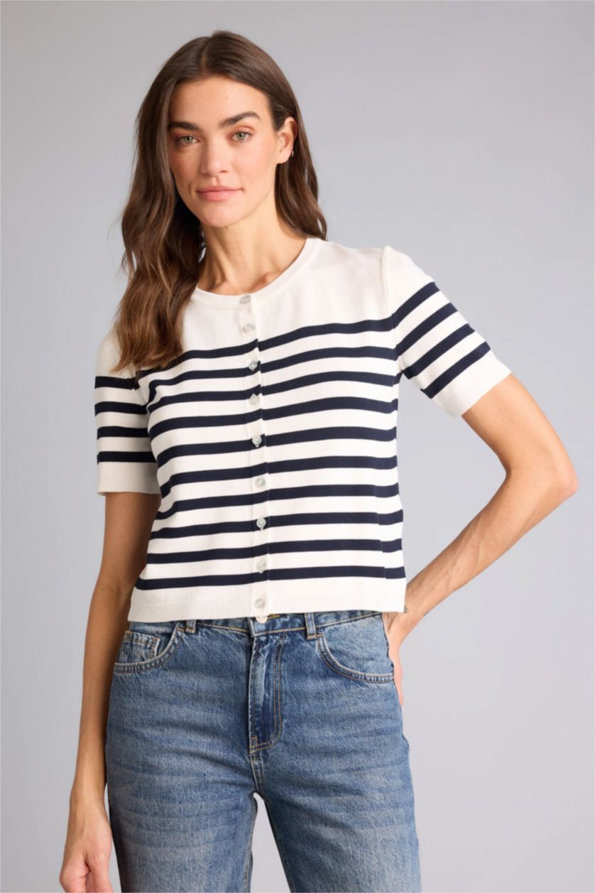 Woman Ecru Regular Fit Crew Neck Striped Cardigan