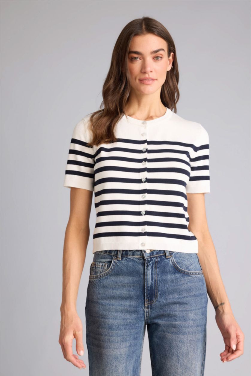 Woman Ecru Regular Fit Crew Neck Striped Cardigan