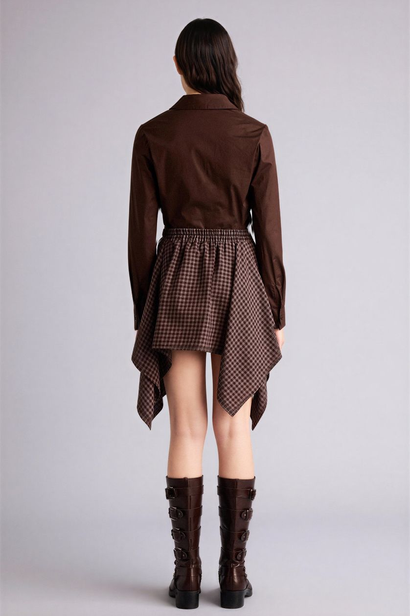 Kadın Kahve Asimetrik Kareli Flanel Etek