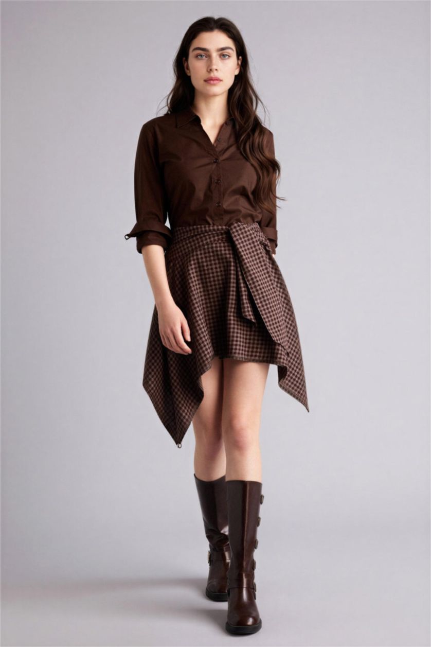 Woman Brown Asymmetric Plaid Flanel Normal Waist Midi Skirt