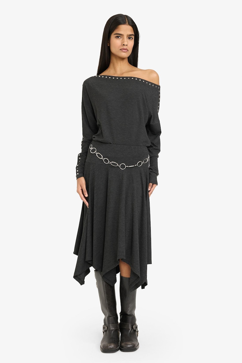 Women Anthracite Asymmetric Normal Waist Midi Knitted Skirt
